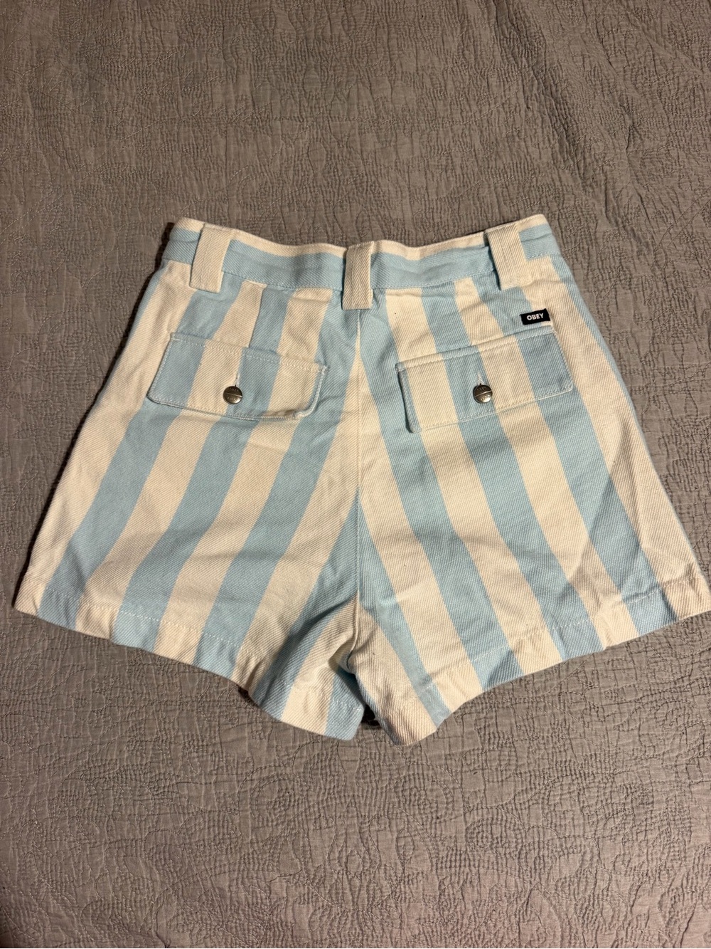 Obey Light Blue & Cream High-Waist Striped Shorts